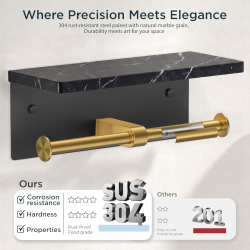 FORIOUS Toilet Paper Holder with Shelf, Commercial Toilet Paper Dispensers | Brushed Gold | Wall Mount Bathroom Tissue Holder | SUS304 Stainless Steel Rustproof | Double Tissue Roll Holder - color: Black & Gold-marble