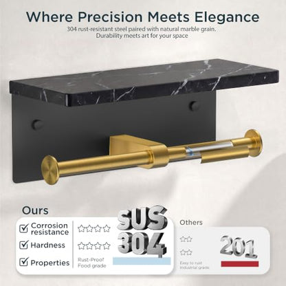 FORIOUS Toilet Paper Holder with Shelf, Commercial Toilet Paper Dispensers | Brushed Gold | Wall Mount Bathroom Tissue Holder | SUS304 Stainless Steel Rustproof | Double Tissue Roll Holder - color: Black & Gold-marble