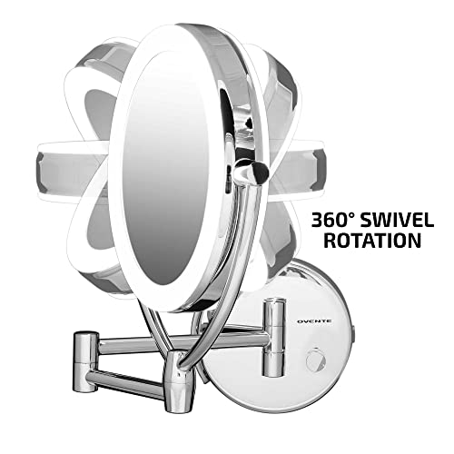 Ovente 7.5" Lighted Wall Mount Makeup Mirror, 1X & 10X Magnifier, Spinning Double Sided Round LED w/ Dimmer Switch, Extend, Retractable & Folding Arm, Battery USB Powered Polished Chrome MLW75CH1X10X - color: Polished Chrome, size: 10.3"L x 12.4"W, style: