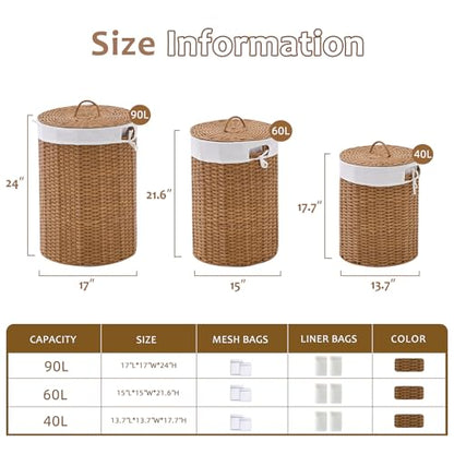 Round Wicker Laundry Hamper with Lid Handwoven Rattan Basket with Handles for Dirty Clothes, 2 Washable Liner Bags, No Assembly Required, Washable Basket, 40L - color: Rattan, size: 40L