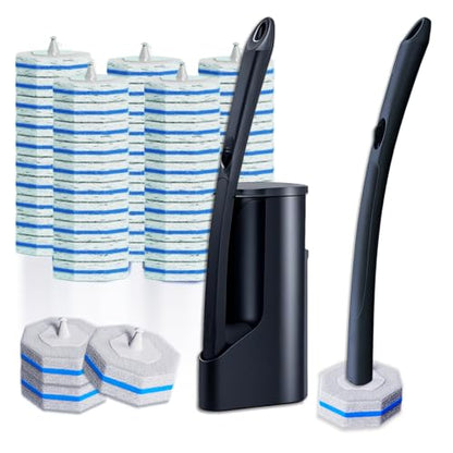 Disposable Toilet Brush with 50 Cleaner Refills Pads，Wall Mounted Toilet Bowl Holder Set，Toilet Cleaning System Starter Kit，Bathroom Cleaning System for Sink Bathtub Wash Basin