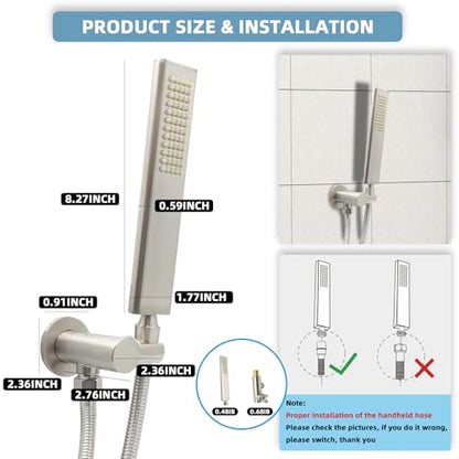Solid Brass Handheld Shower Head Arc Design High Pressure Brushed Nickel Hand Shower Wand with Adjustable Supply Elbow Wall Connector Shower Holder and 59″ Stainless Steel Hose Set - color: Brushed Nickel
