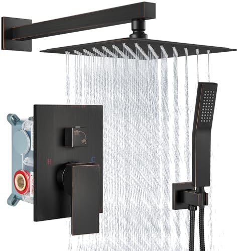 Aolemi Shower Faucet Set with Handheld Oil Rubbed Bronze 10 Inch Head | Pressure Balance Shower Valve and Trim Kit,SUS304 Rain Head and Handle System,All Metal,Wall Mount,Bathroom,Handheld Spray - color: Bronze, size: 10 Inch Wall Mount Shower Head