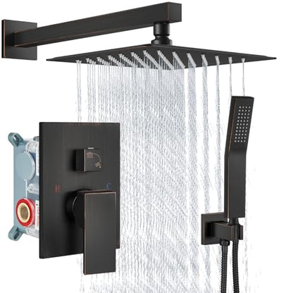 Aolemi Shower Faucet Set with Handheld Oil Rubbed Bronze 10 Inch Head | Pressure Balance Shower Valve and Trim Kit,SUS304 Rain Head and Handle System,All Metal,Wall Mount,Bathroom,Handheld Spray - color: Bronze, size: 10 Inch Wall Mount Shower Head