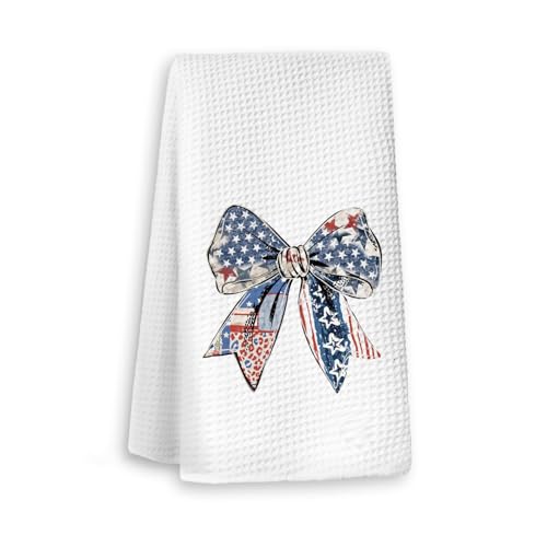 4th of July Kitchen Towels，Patriotic Decorations, Bow Coquette American Red White and Blue Hand Towels, 4th of July Party Favors, Microfiber Dish Towels Decor for Indoor Home Decor, 16x24 Inch - color: America-4