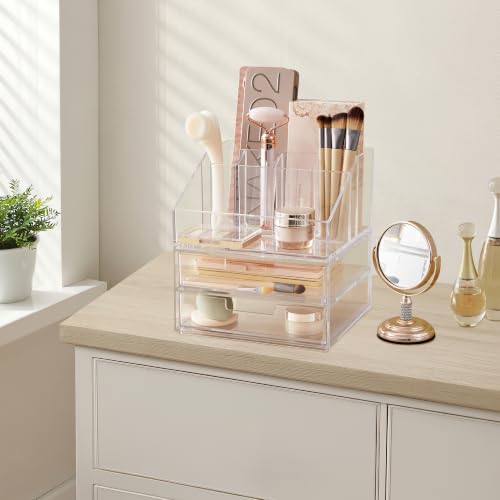 STORi Stackable Desk and Drawer Organizer, Clear Pen Pencil Makeup Brush Holder for Desktops and Vanities, 6 Compartment Caddy with 2 Wide Drawers (Made in USA) - style: Organizer & Drawer Set