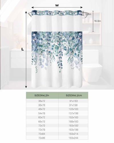 No Hook Shower Curtain and Snap in Liner Set, Blue Green Eucalyptus Fabric Bathroom Stall Shower Curtains 48x72, See Through Mesh Top Window, Spring Summer Botanical Floral Leaves Country Hotel Style - color: Blue Green, size: 48"W x 72"L (Pack of 1)