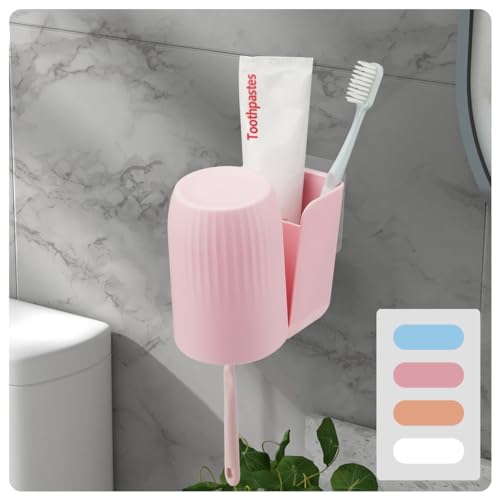 Toothbrush Holders for Bathrooms Toothbrush Holders Wall Mounted BPA-Free Tooth Brush Holder with Toothbrush Cup Drilling-Free (Pink) - color: Pink