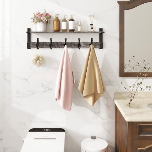 Homode Coat Rack Wall Mount with Shelf, 29 Inch Wood Wall Shelf with Hooks, Entryway Coat Hanger Wall Mount with 5 Hangers for Bathroom, Bedroom, Living Room, Grey - color: Gray, size: 29 Inch Long