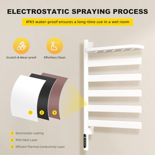 Swivel Heated Towel Rack with Shelf,Rotating Electric Towel Warmer Rack Wall Mounted with Timer,Heated Towel Warmer for Bathroom with Swing Arm,5 Bars,Plug in & Hardwired,White - color: White