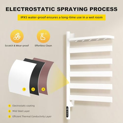 Swivel Heated Towel Rack with Shelf,Rotating Electric Towel Warmer Rack Wall Mounted with Timer,Heated Towel Warmer for Bathroom with Swing Arm,5 Bars,Plug in & Hardwired,White - color: White