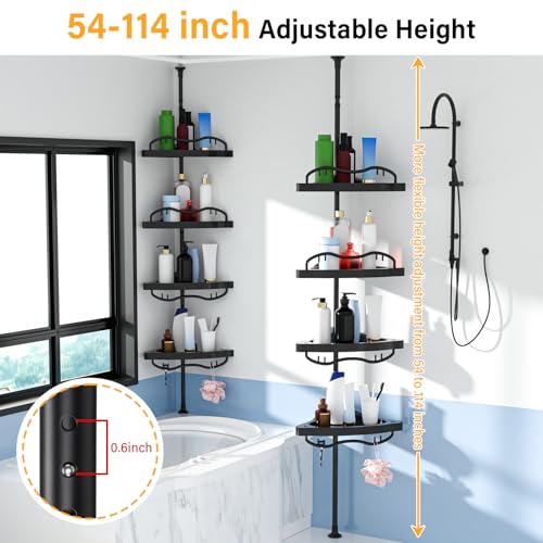 Black Corner Shower Caddy Tension Pole - Heavy Duty Rustproof Stainless Steel Shower Organizer with 4 Adjustable Shelves, No-Drill Free Standing for Bathroom, Bathtub, RV,54" to 114" Tall