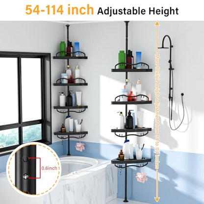 Black Corner Shower Caddy Tension Pole - Heavy Duty Rustproof Stainless Steel Shower Organizer with 4 Adjustable Shelves, No-Drill Free Standing for Bathroom, Bathtub, RV,54" to 114" Tall