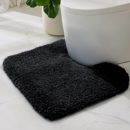ILANGO Black Toilet Rugs U Shaped 22" × 24" Non Slip & Super Absorbent Extra Thick Soft, Washable Bath Mats for Bathroom Floor, Microfiber Plush Shaggy Contour Bath Rugs for Toilet,Dry Quick - color: Black, size: 1'10" x 2' (22''x24'' Toilet Rug)