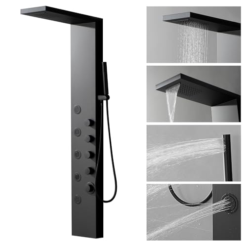 Shower Panel Tower System with Rainfall Shower Head | 5 Body Jets and Handheld Shower Head Modern Massage Shower System Matte Black by Homevacious - color: Matte Black, style: Standard Shower Panel