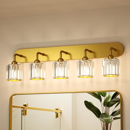 Keonjinn 5-Light Bathroom Light Fixtures, Crystal Gold Bathroom Vanity Lights Over Mirror, Vanity Lighting Fixtures with Crystal Square Shades (E26 Socket, Exclude Bulb) - color: Gold, size: 5-Light