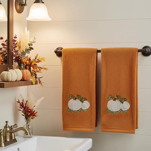 Serafina Home Harvest Fall Bathroom Guest Hand Embroidered Towels 2 Pc Set: Pumpkin Leaf Appliqué Design Bath Plush Rust Orange Towels, 100% Cotton, 16" x 25" Inches, Oeko-TEX Certified - color: Rust Pumpkins