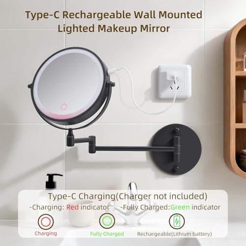 Wall Mounted Makeup Mirror with Lights, 8" Rechargeable 1X/10X Magnifying Mirror, 360° Swivel Extendable Arm, 3 Color LED (1, Black) - color: Black