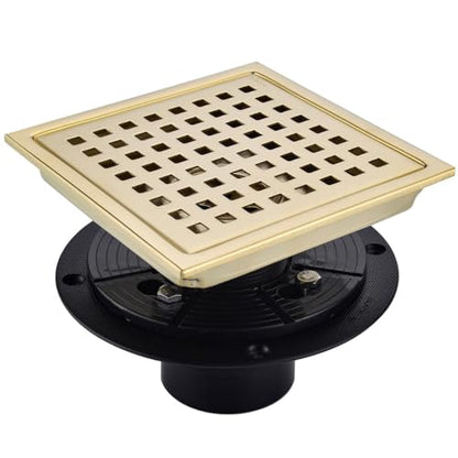 RANDOM Brushed Gold Shower Drain Square 6 Inch Shower Drain Cover Kit with Flange,SUS 304 Stainless Steel Shower Floor Drain with Removable Grid Cover and Hair Strainer - color: C-brushed Gold-6″ Square With Base Flange