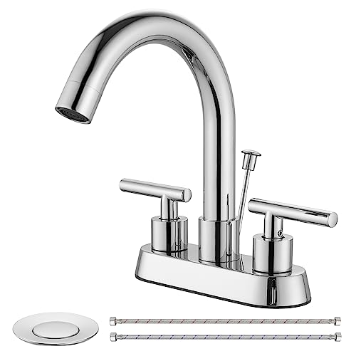 Bathroom Faucet with Lift Rod Drain,4 Inch Centerset 3 Hole,Polish Chrome | Two Handle Lead-Free SUS304 Stainless Steel Bathroom Sink Faucet with Lift Rod Drain & Supply Lines for RV & Farmhouse - color: Polish Chrome