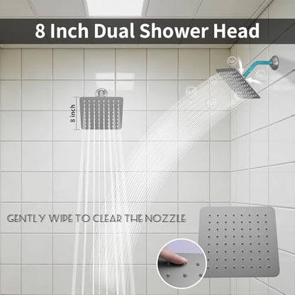 Brushed Nickel Shower System with 3 Rain Shower Head(12+8+8 inch), Handheld Spray, 4 Way Smart Temperature Display Shower Faucet set - color: Brushed Nickel, size: 12+8+8 inch
