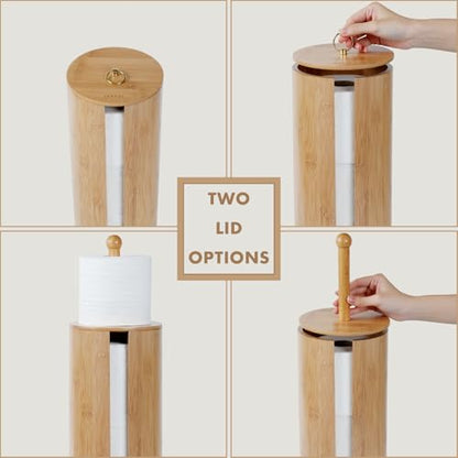 Gobam Bamboo Toilet Paper Storage with Dual-Use Lid, Freestanding Bathroom Tissue Organizer with Viewing Slot, Built-In Handle, Anti-Slip Base, Compact Toilet Paper Holder Stand for up to 3 Mega Rolls - size: 3 Roll - Round
