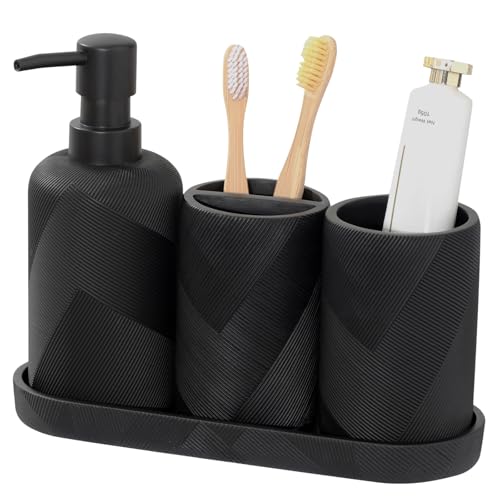 Bathroom Accessories Set, Bathroom Organizer Countertop, Matte Black, 4 PCS | Modern,Simple,Stripe, With 10OZ Soap Dispenser, Toothbrush Holder, Mouthwash Cup, Vanity Tray for Bathroom Home Hotel Office - color: Black1-4pcs