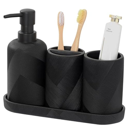 Bathroom Accessories Set, Bathroom Organizer Countertop, Matte Black, 4 PCS | Modern,Simple,Stripe, With 10OZ Soap Dispenser, Toothbrush Holder, Mouthwash Cup, Vanity Tray for Bathroom Home Hotel Office - color: Black1-4pcs