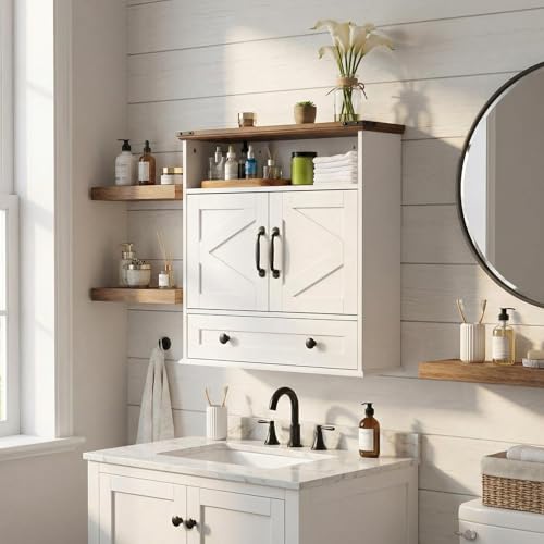 Bathroom Cabinet with Double Barn Doors – Wall Mounted Medicine Cabinet over Toilet with Adjustable Shelf & Drawer, 25" Wide Hangging Storage Cabinet for Bathroom, Kitchen, Laundry, Entryway White - color: White