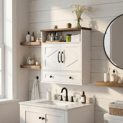 Bathroom Cabinet with Double Barn Doors – Wall Mounted Medicine Cabinet over Toilet with Adjustable Shelf & Drawer, 25" Wide Hangging Storage Cabinet for Bathroom, Kitchen, Laundry, Entryway White - color: White