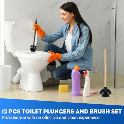 Sawysine 12 Pcs Commercial Toilet Plunger and Brush Set 6 Pack 18" Rubber Plunger with Double Thrust Force Suction Cup Handle and 6 Pack 16.54" Toilet Bowl Brush Bulk for Store Restaurant (Wood)