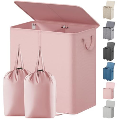 Lifewit Double Laundry Hamper with Lid and Removable Laundry Bags, Large Collapsible 2 Dividers Dirty Clothes Basket with Handles for Bedroom Laundry Room Closet Bathroom College, 136L Pink - color: Pink, size: 136L