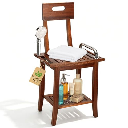 Shower Stool with Shelf and Handrails, Solid Water-Resistant Teak Shower Stool, Easy to Assemble, 300 lbs Capacity, 18.5 Inches, Ideal for Seniors, Kids & Those with Mobility Needs