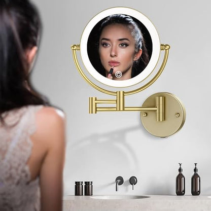 8 Inches Brass Lighted Makeup Mirror Wall Mounted with Magnification 1X/10x | Double Sided 3 Color LED Touch Dimming, 360 Swivel Extended Arm Shaving Vanity for Bathroom, Hardwired, Satin Brushed Gold - color: Satin Brushed Gold