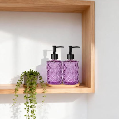 12oz Purple Glass Hand and Dish Soap Dispenser Set, Diamond Design, 2 Set | Bathroom Soap Dispenser with Plastic Pumps, Bamboo Tray for Hand Wash & Dish Wash, for Bathroom Kitchen Countertop - color: Purple