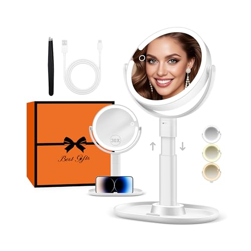 B Beauty Planet Vanity Mirror with Lights, 30X Magnifying Makeup Mirror with 3 Lighting and Adjustable Brightness, Rechargeable 2-Sided Height Adjustable Desk Mirror for Bathroom, Women Gifts for Mom - color: White