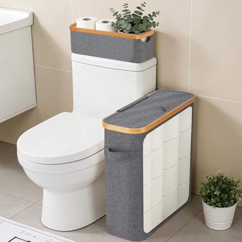 Livole Toilet Paper Storage Basket with Lid & Toilet Tank Basket | Free Standing, Large Capacity for 20 Regular Rolls or 15 Mega Rolls, Dual Handles, Clear Window, Bathroom, Grey - color: Grey