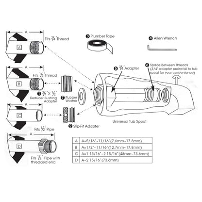 Chrome Tub Spout with Diverter slip fit 1/2 inch Copper Tube, High Pressure filtered Handheld Shower with 3 Spray Modes On/Off Switch, 59 inch hose, Bracket, No Drill Required Install