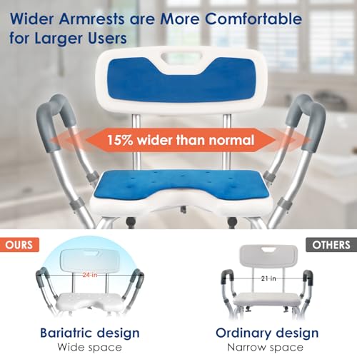 Shower Chair with Arms and Back Heavy Duty 330lbs, Shower Chair for Inside Shower, Shower Seat for Inside Shower Bathroom Chair with Cutout Seat & Cold-Proof Pads, Tools-Free Assembly - color: Blue Pad-large