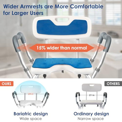 Shower Chair with Arms and Back Heavy Duty 330lbs, Shower Chair for Inside Shower, Shower Seat for Inside Shower Bathroom Chair with Cutout Seat & Cold-Proof Pads, Tools-Free Assembly - color: Blue Pad-large