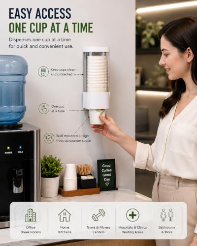 Wall Mounted Cup Dispenser Holder for 3-5oz Paper & Plastic Cups - Paste Plate Adhesive Mount for Bathroom, Office, Home, Gym, Hospital - Compact Cup Storage Solution (White-1pcs)
