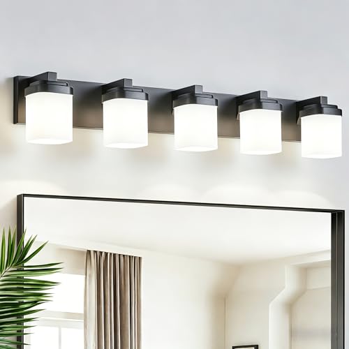 36.5 Inches Bathroom Vanity Light, 5-Light Black Bathroom Light Fixtures Over Mirror, Bathroom Light Shower Lamp with Milky White Square Glass Shade, Modern Farmhouse Lighting Fixtures - color: Black, size: 36.5 Inch : 5-lights