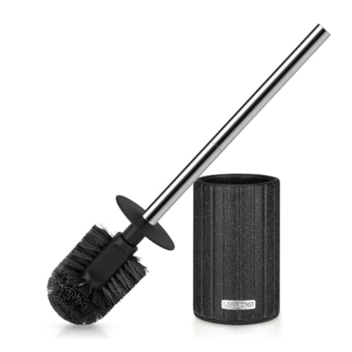 Toilet Bowl Brush and Holder, Long Stainless Steel Handle, Black | Durable Toilet Scrubber Bristles, Toilet Brush and Holder Set, Deep Cleaning Toilet Brush for Bathroom, Ceramic-Look - size: 1 Pack