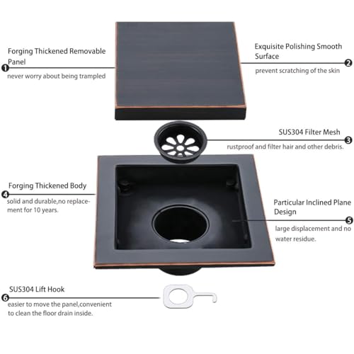 RANDOM Oil Rubbed Bronze Shower Drain Square with Removable Tile Insert Shower Drain Cover and Hair Strainer SUS 304 Stainless Steel 6 inch Shower Floor Drain - color: D-oil Rubbed Bronze-6″ Square