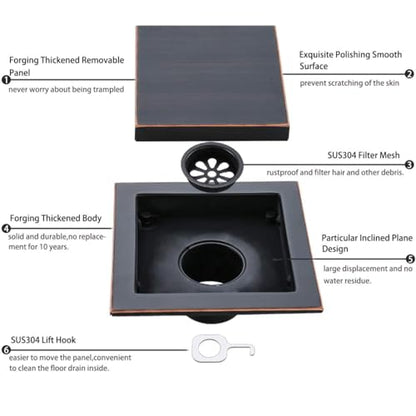 RANDOM Oil Rubbed Bronze Shower Drain Square with Removable Tile Insert Shower Drain Cover and Hair Strainer SUS 304 Stainless Steel 6 inch Shower Floor Drain - color: D-oil Rubbed Bronze-6″ Square