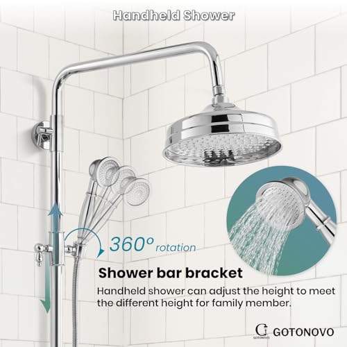 gotonovo Exposed Shower System Wall Mount,Polish Chrome,Metal Handheld | 8” Rain Shower Head Faucet Set Fixtures,2 Function,Two Cross Handle,Height Adjustable,for 5-6.7" Hole,Indoor Victorian Retro - color: Chrome