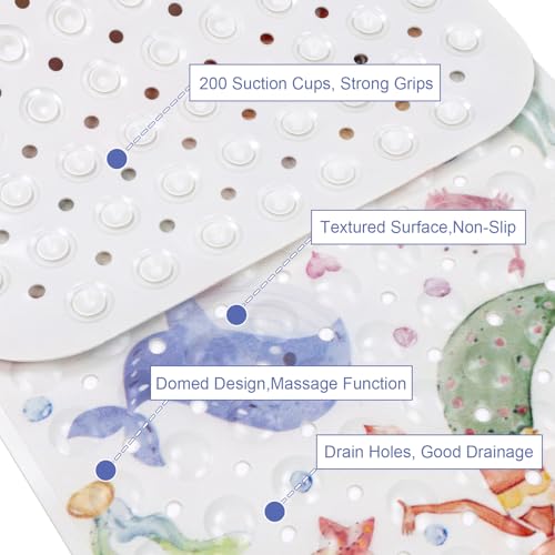 Topotdor Kids Bathtub Mat Non Slip, Tub Mat with Suction Cups 40x16 Inch | Nautical Mermaid Bath Mats for Baby , Extra Long Washable Bath Tub Mat with Drain Holes for Bathroom inside Tub - color: Pink Mermaid