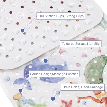 Topotdor Kids Bathtub Mat Non Slip, Tub Mat with Suction Cups 40x16 Inch | Nautical Mermaid Bath Mats for Baby , Extra Long Washable Bath Tub Mat with Drain Holes for Bathroom inside Tub - color: Pink Mermaid