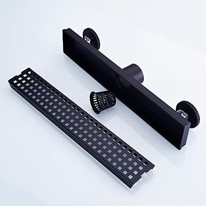 16" SUS304 Linear Shower Drain,Hair Strainer&Adjustable Feet,Matte Black | Nicmondo,2"US Standard Outlet,Sloped channel & checkered grate for fast anti-pooling drainage,indoor & outdoor multi-scene