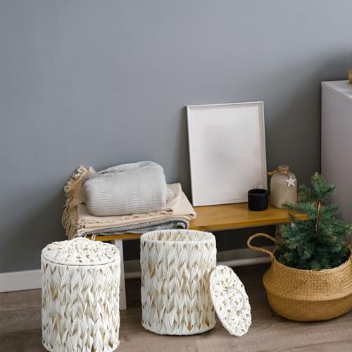 Ctosree 1.3 Gal Boho Woven Trash Can with Lid, Cream White | Braided polypropylene waste basket with handle and 100 garbage bags for bathroom, bedroom, office, or laundry. - color: Cream White, style: Round
